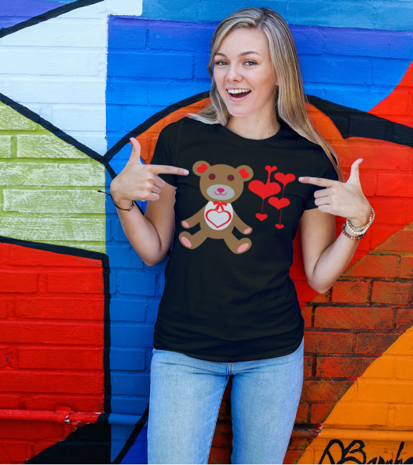 Happy Valentine Day Teddy Bear With Heart Balloons T-Shirt