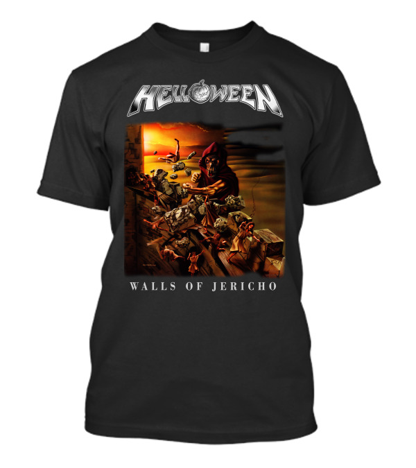 Helloween Walls Of Jericho Album Cover Artwork With Fortress Scene And Sunset Background T-Shirt