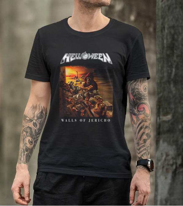 Helloween Walls Of Jericho Album Cover Artwork With Fortress Scene And Sunset Background T-Shirt