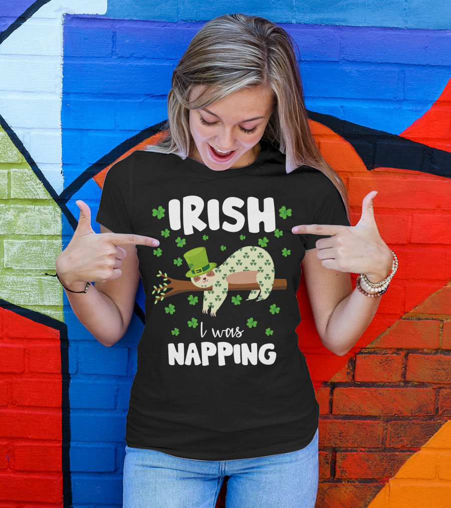 Irish I Was Napping Sloth With Hat And Shamrocks T-Shirt