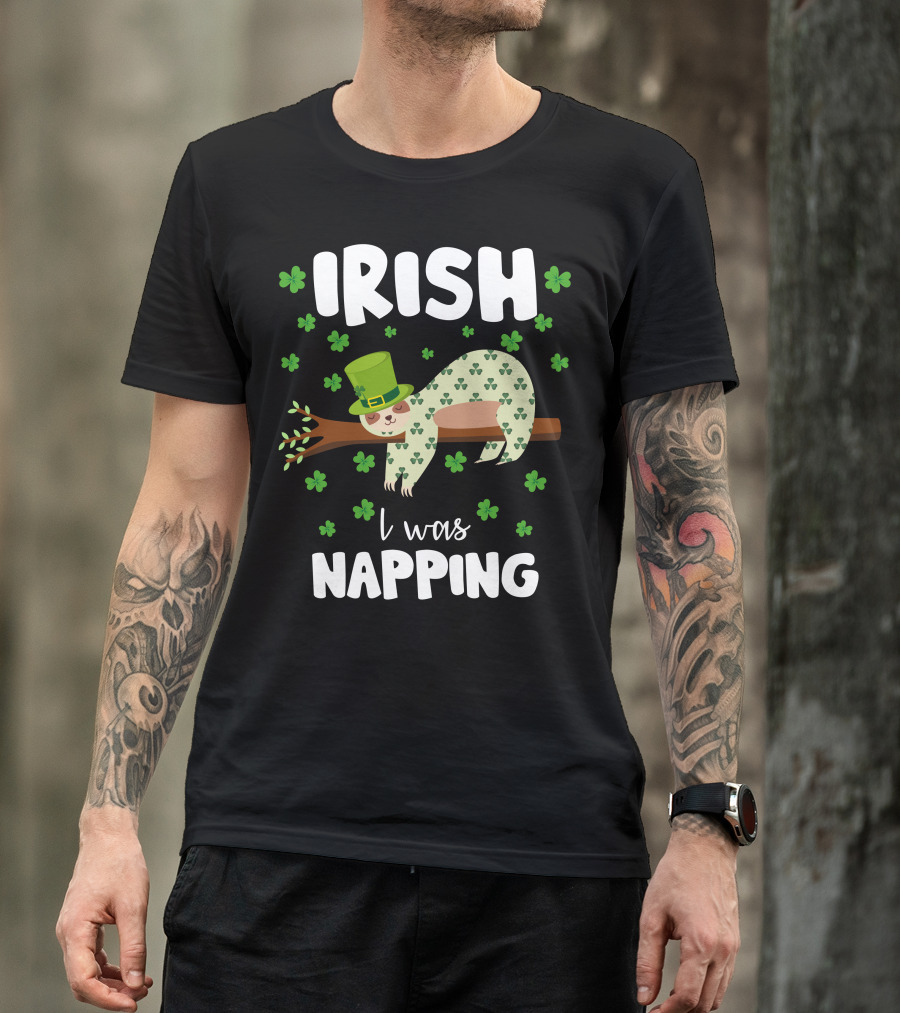 Irish I Was Napping Sloth With Hat And Shamrocks T-Shirt