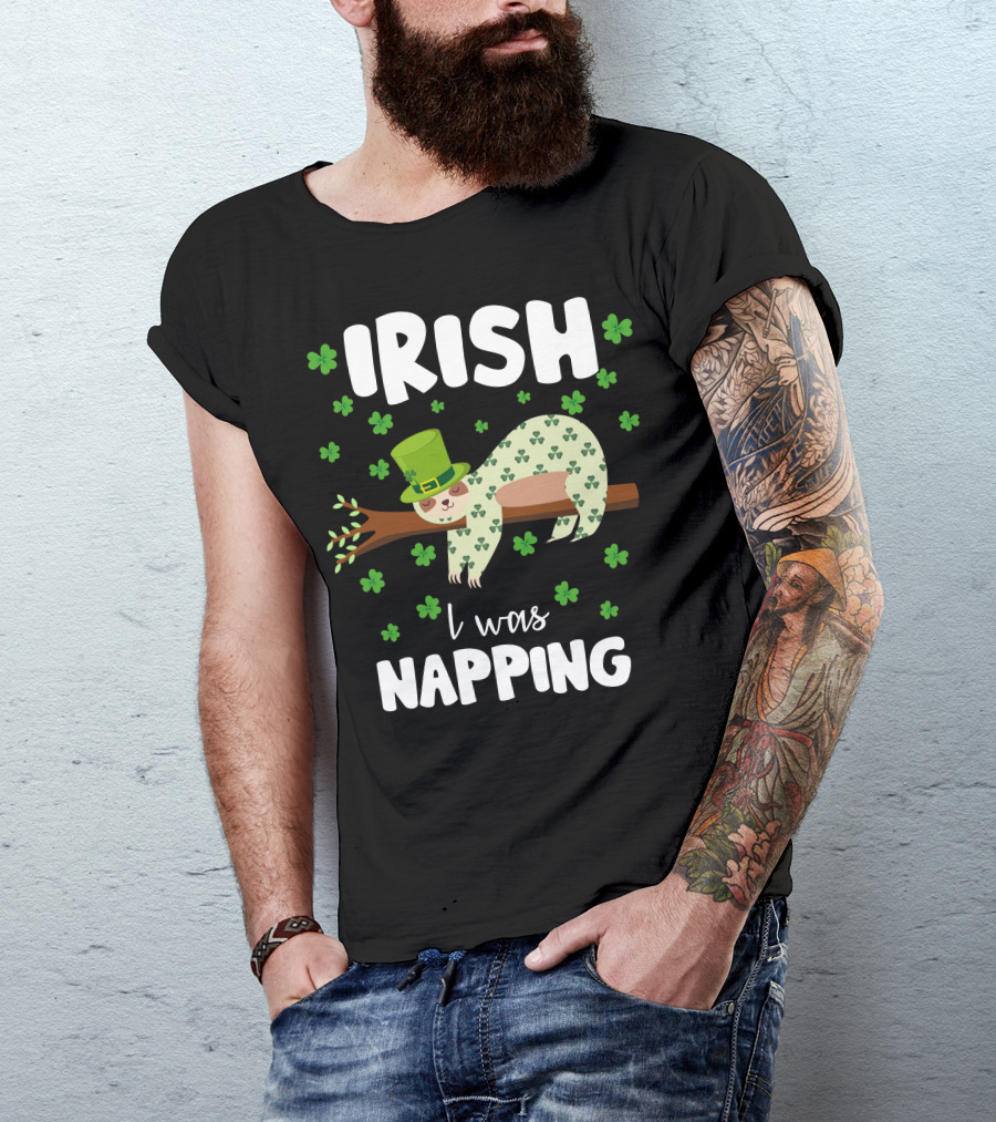 Irish I Was Napping Sloth With Hat And Shamrocks T-Shirt