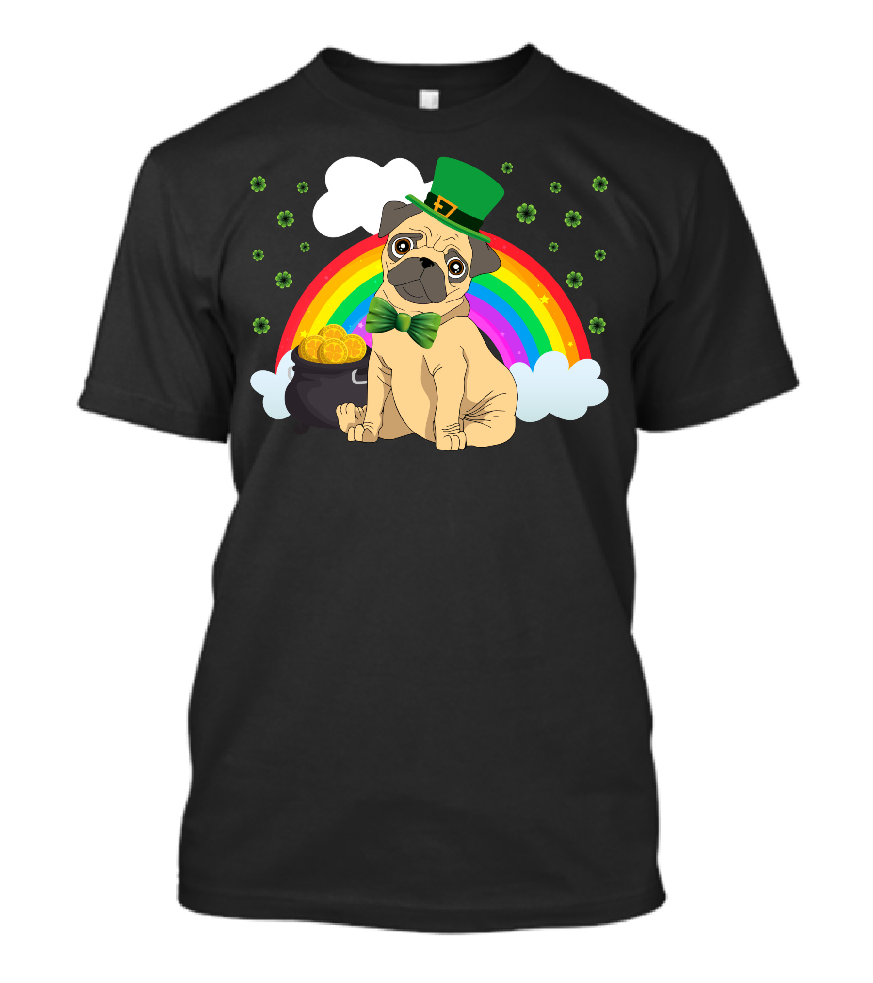 Irish Pug With Leprechaun Hat Rainbow And Pot Of Gold T-Shirt