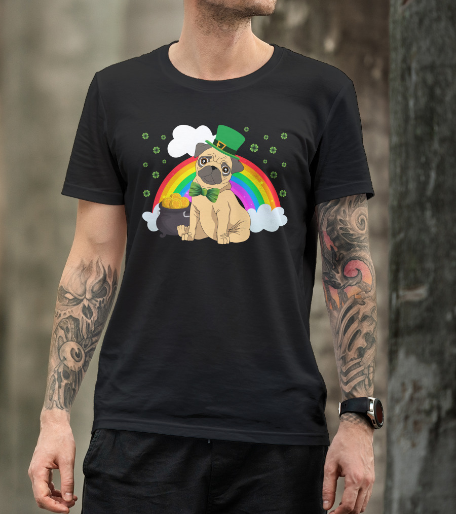 Irish Pug With Leprechaun Hat Rainbow And Pot Of Gold T-Shirt