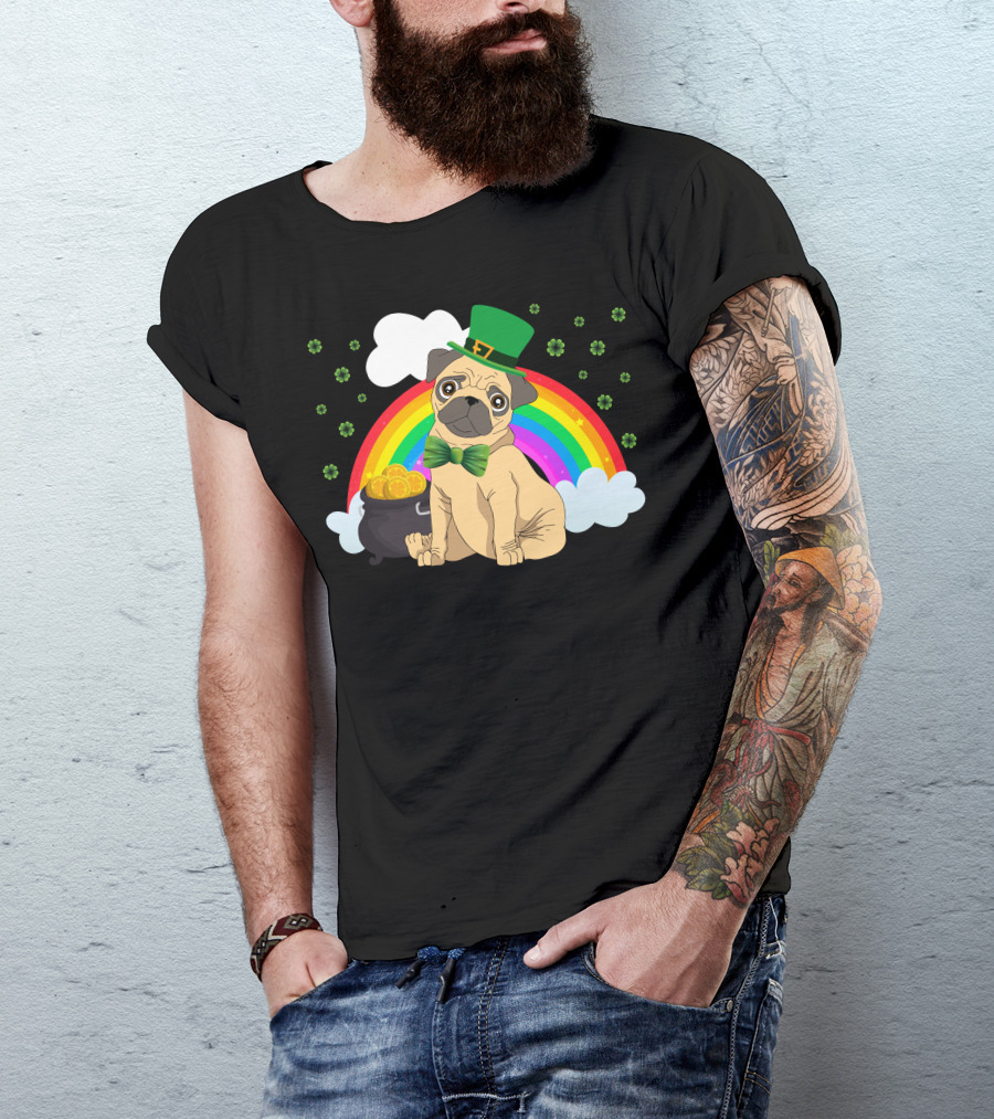 Irish Pug With Leprechaun Hat Rainbow And Pot Of Gold T-Shirt