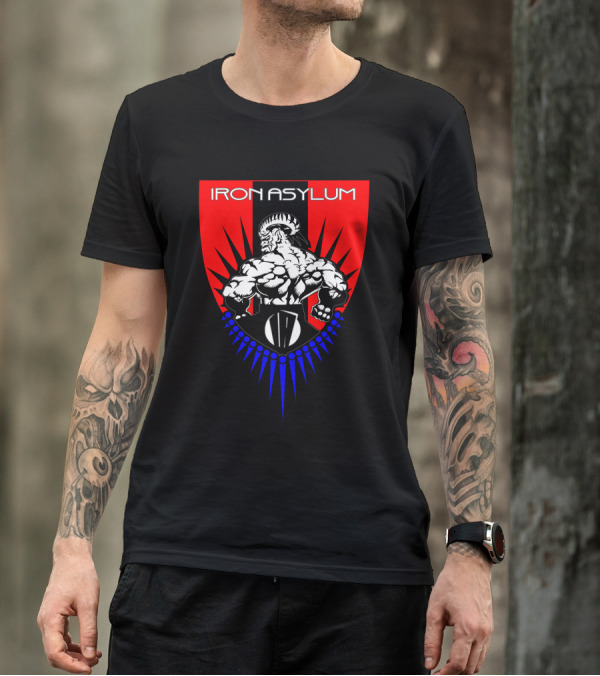 Iron Asylum Strength Shield Warrior With Ram Horns And Muscle Emblem T-Shirt
