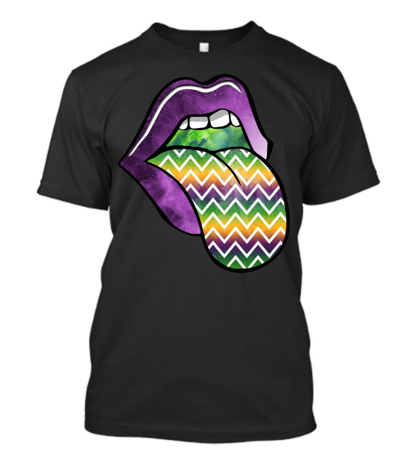 Mardi Gras Purple Lips With Colorful Chevron Pattern Tongue T-Shirt