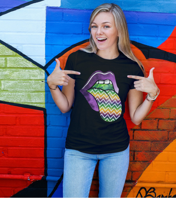 Mardi Gras Purple Lips With Colorful Chevron Pattern Tongue T-Shirt