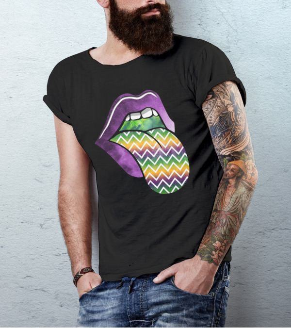 Mardi Gras Purple Lips With Colorful Chevron Pattern Tongue T-Shirt