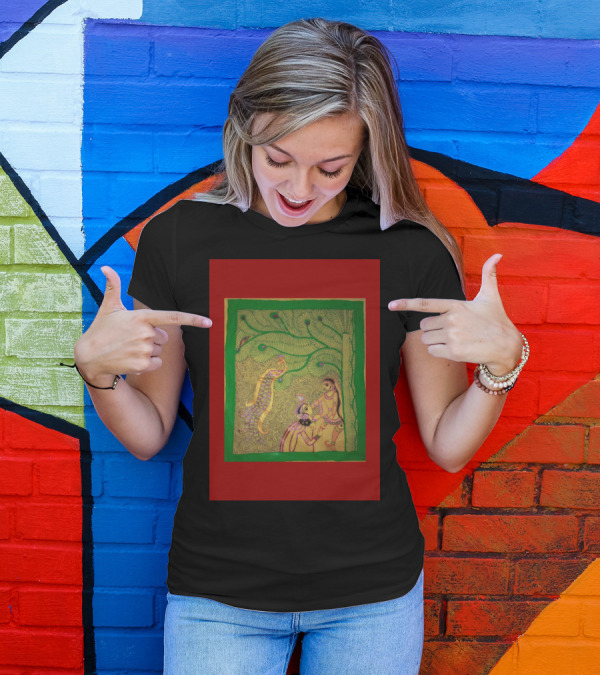 Mithila Art Of India Traditional Folk Style With Nature And Figures T-Shirt