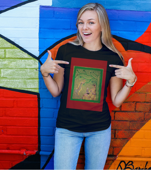 Mithila Art Of India Traditional Folk Style With Nature And Figures T-Shirt