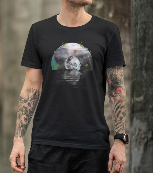 Moon Record Butterfly Reflection With Celestial Arch And Floral Accents T-Shirt