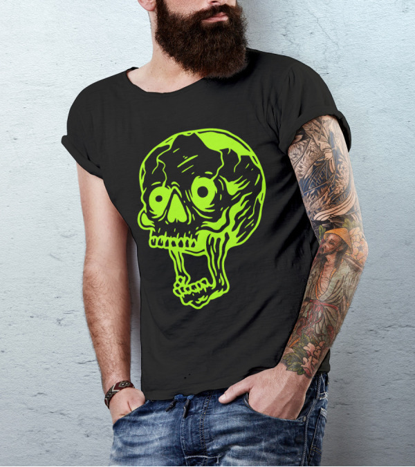 Neon Skull Graphic Art Lime Green Contrast T-Shirt