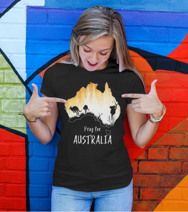 Pray For Australia Kangaroo And Koala Silhouettes In Forest Fire Map T-Shirt
