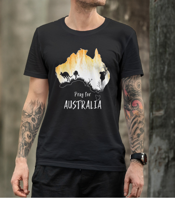 Pray For Australia Kangaroo And Koala Silhouettes In Forest Fire Map T-Shirt
