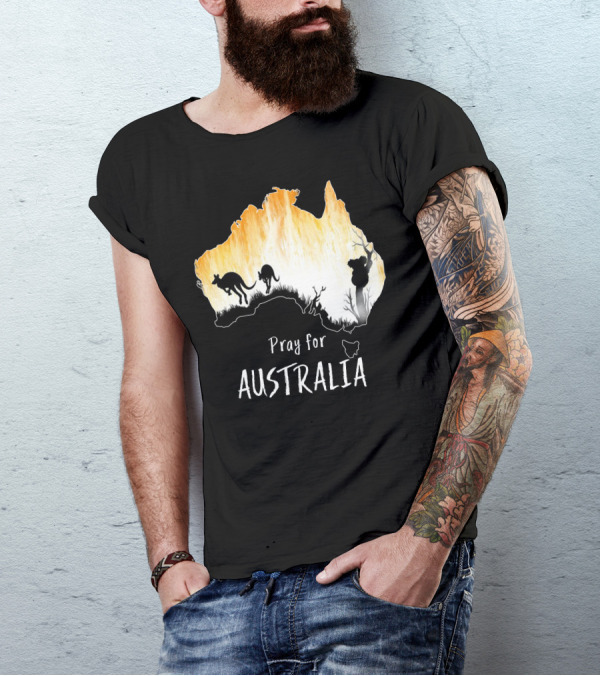 Pray For Australia Kangaroo And Koala Silhouettes In Forest Fire Map T-Shirt