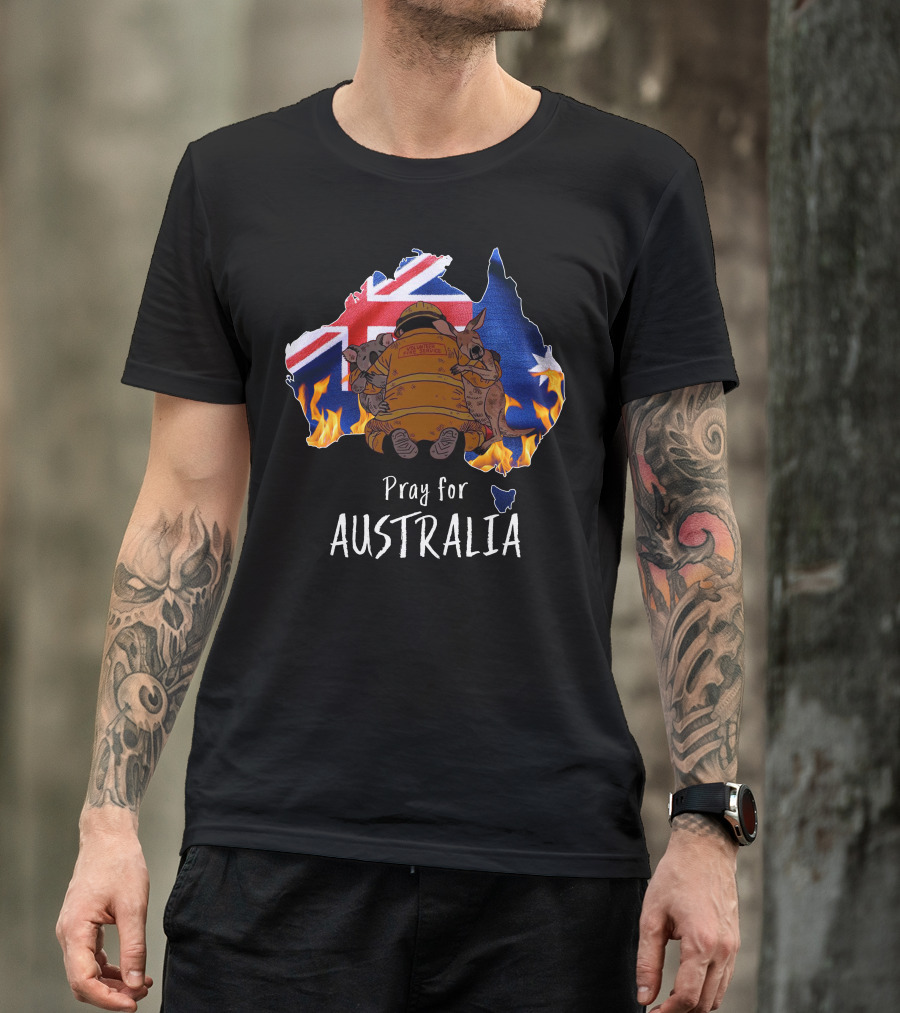 Pray For Australia Firefighter With Koalas And Kangaroo Flag Background T-Shirt