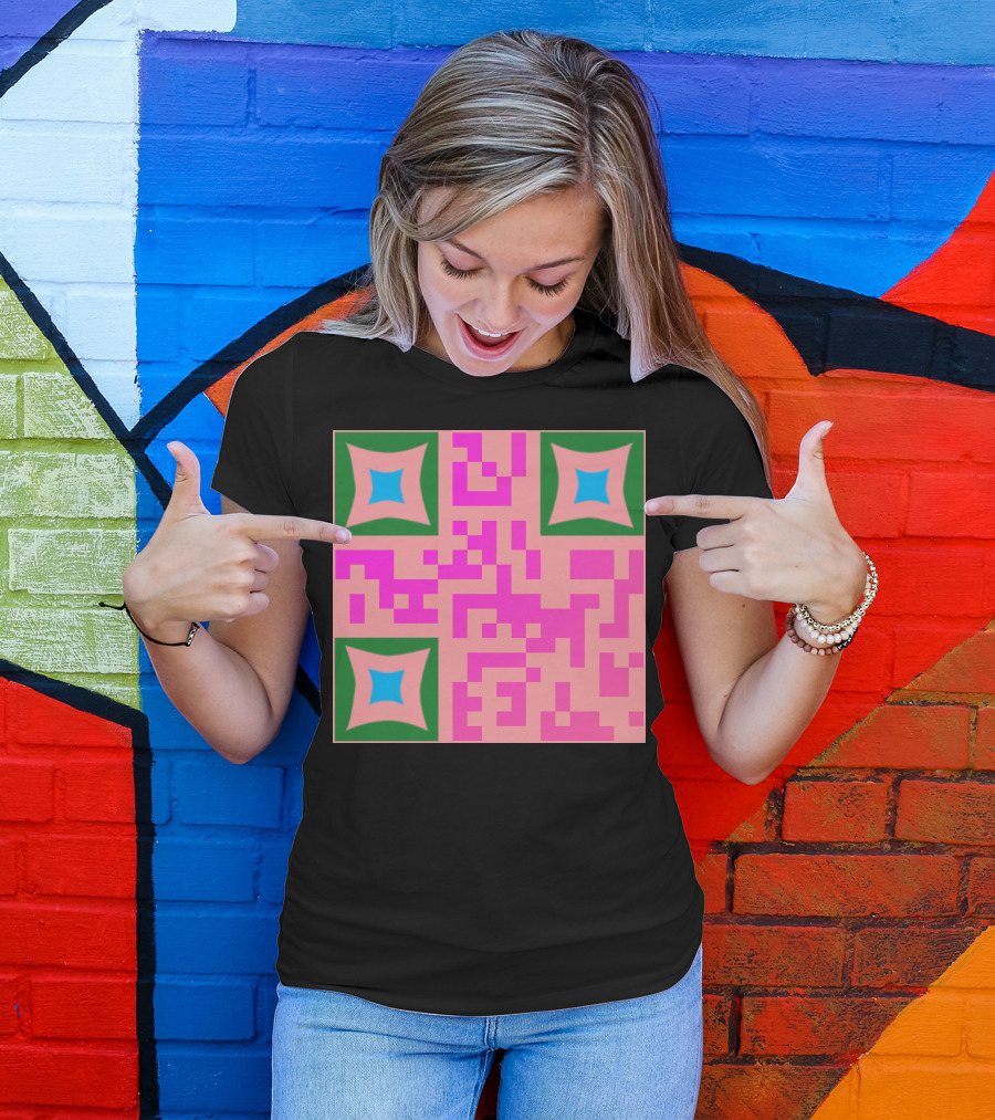 QR Codes Floral Geometric Pink Green Blue Squares T-Shirt