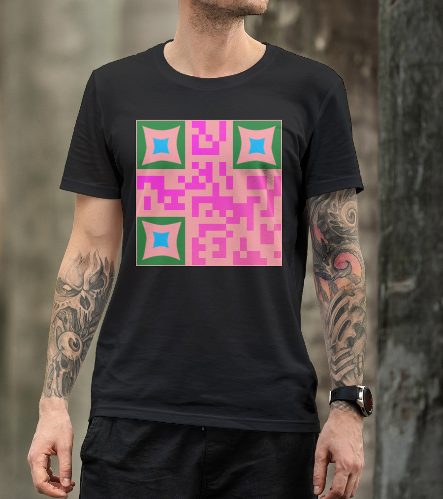 QR Codes Floral Geometric Pink Green Blue Squares T-Shirt