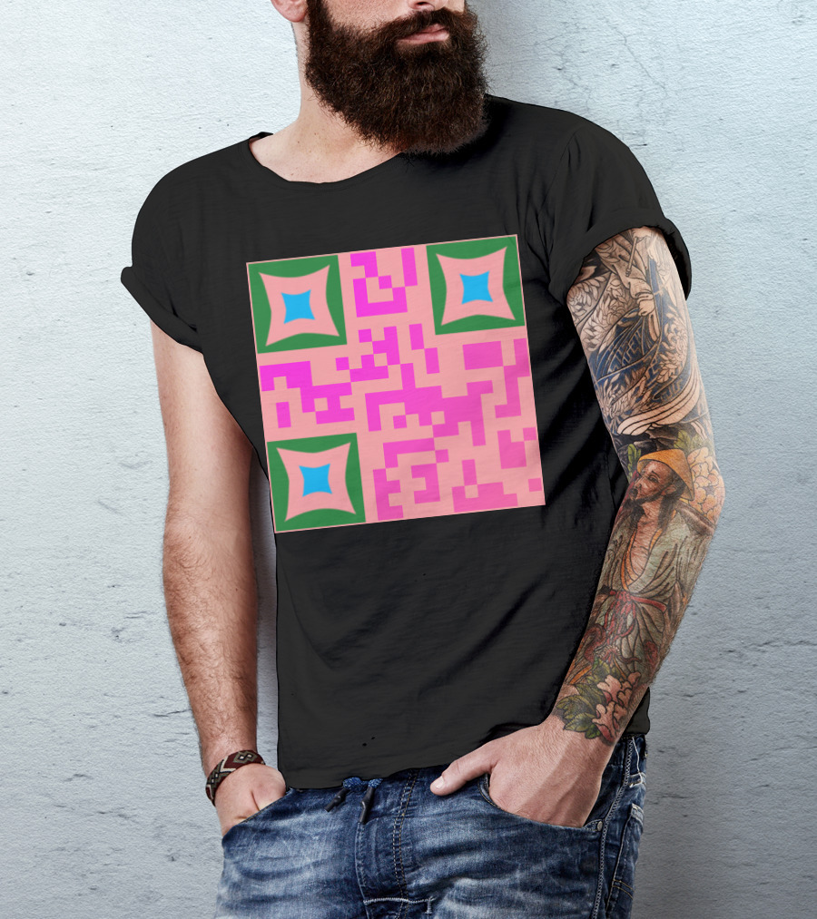 QR Codes Floral Geometric Pink Green Blue Squares T-Shirt