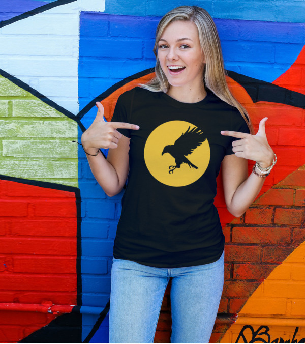 Raven Silhouette Against Yellow Moon Background T-Shirt
