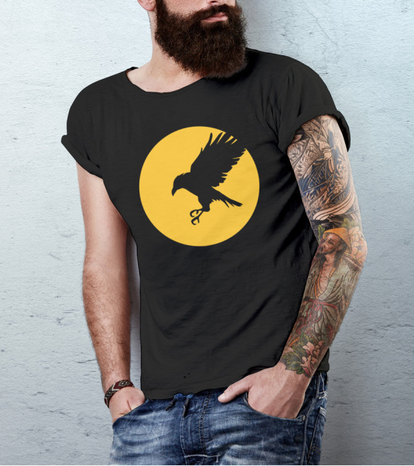 Raven Silhouette Against Yellow Moon Background T-Shirt