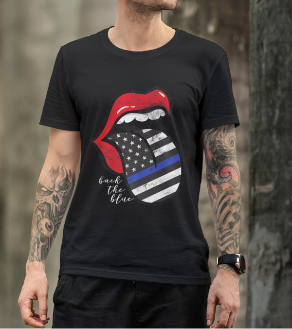 Red Lips Black White American Flag Tongue Back The Blue T-Shirt