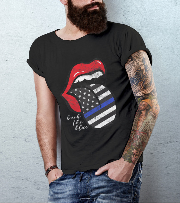 Red Lips Black White American Flag Tongue Back The Blue T-Shirt