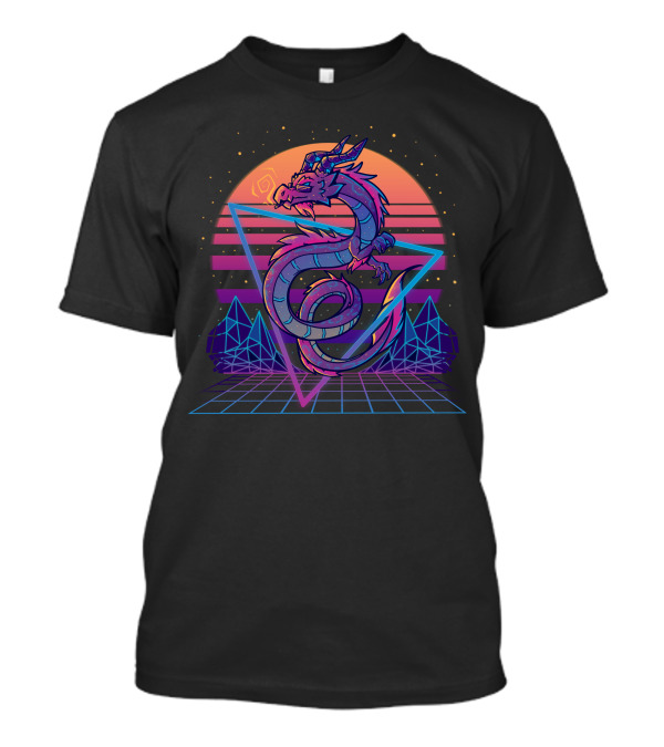 Retrowave Vaporwave Dragon With Neon Geometric Sunset And Grid Landscape T-Shirt