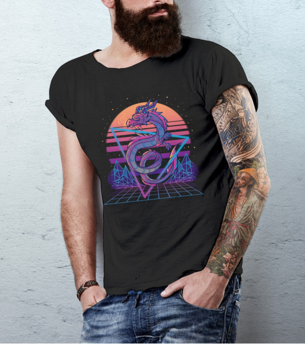 Retrowave Vaporwave Dragon With Neon Geometric Sunset And Grid Landscape T-Shirt