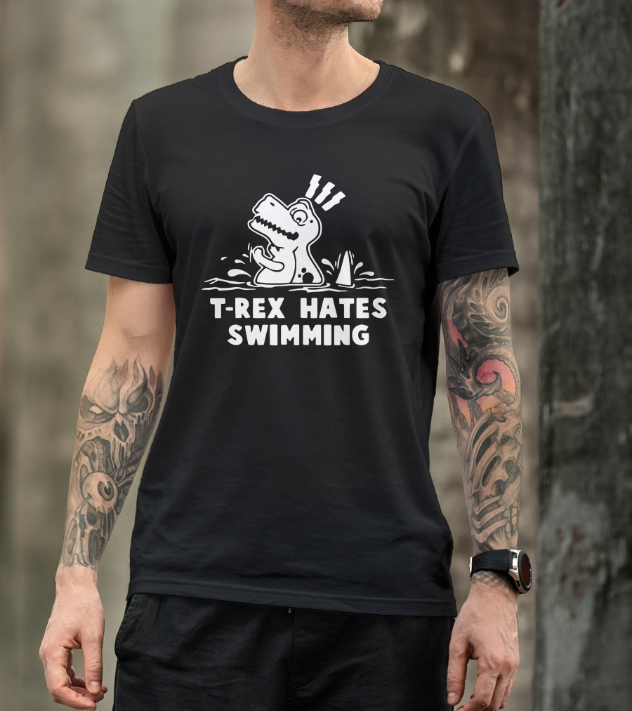 T-Rex Hates Swimming Dinosaur Struggling In Water With Fin Nearby T-Shirt