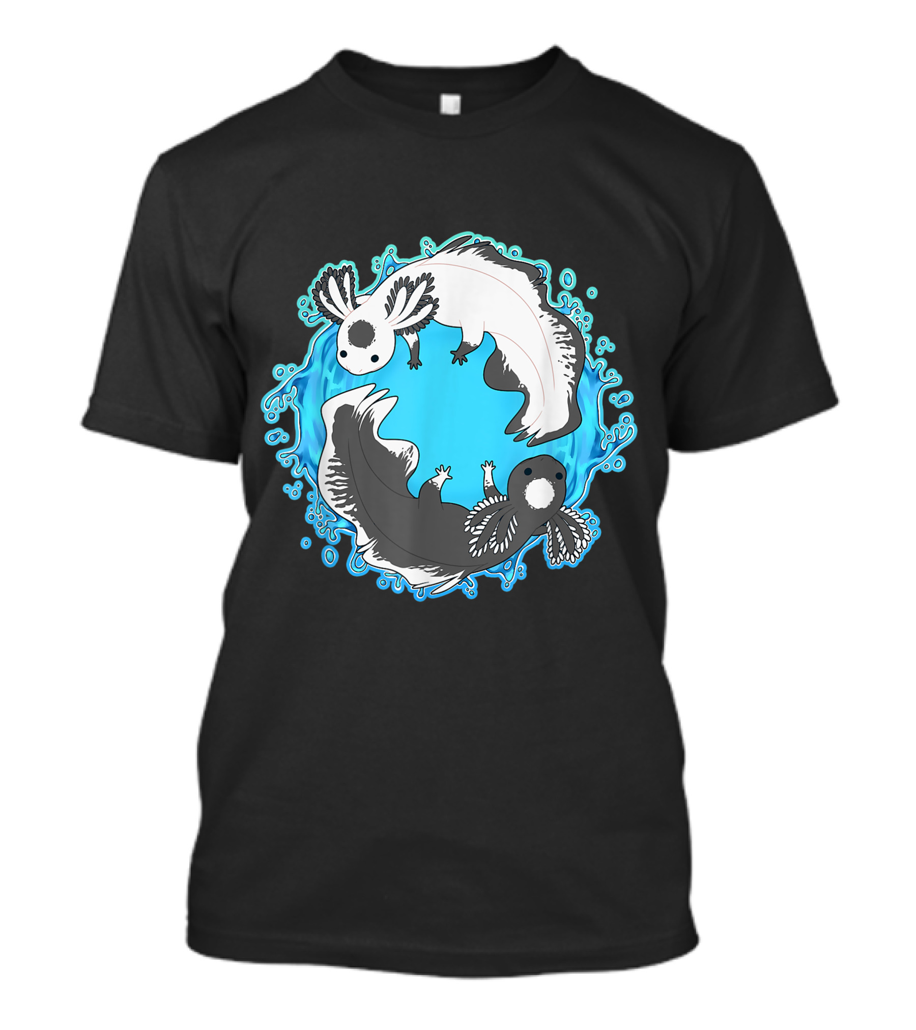 Yin Yang Axolotls Symbol With Black And White Axolotls In Blue Watery Circle T-Shirt
