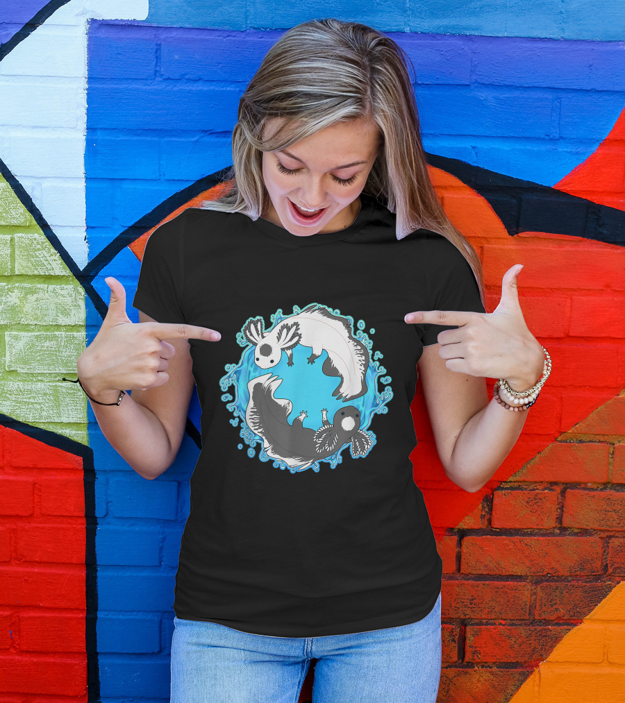 Yin Yang Axolotls Symbol With Black And White Axolotls In Blue Watery Circle T-Shirt