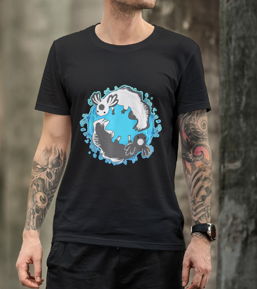 Yin Yang Axolotls Symbol With Black And White Axolotls In Blue Watery Circle T-Shirt