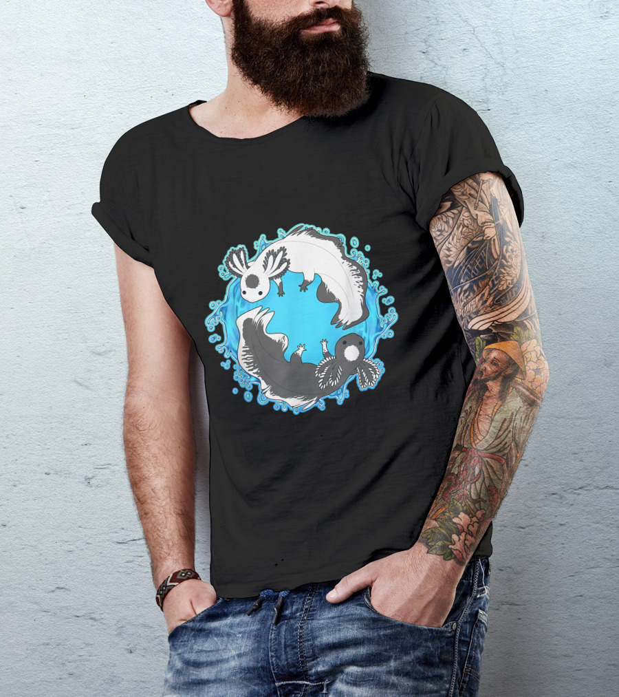 Yin Yang Axolotls Symbol With Black And White Axolotls In Blue Watery Circle T-Shirt