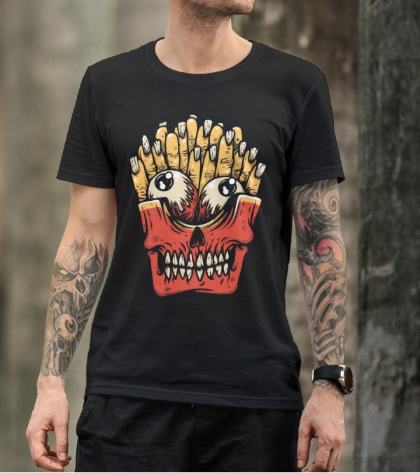 Zombie Fries Skull Face With Creepy Eyes T-Shirt