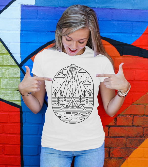 Alien Invasion UFO Over Mountain Tent And Forest Night Scene T-Shirt