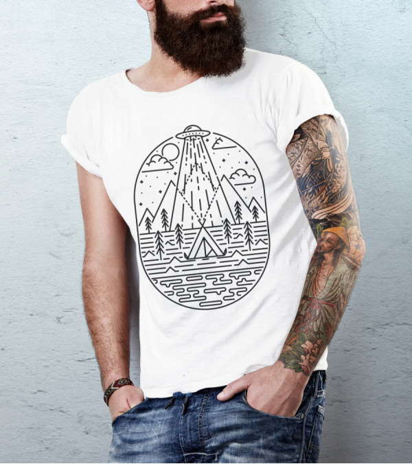 Alien Invasion UFO Over Mountain Tent And Forest Night Scene T-Shirt
