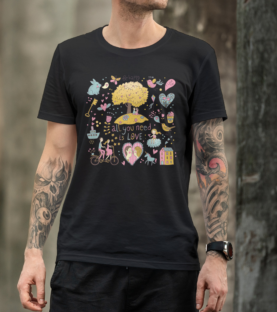 Be Happy All You Need Is Love Tree With Heart Symbols And Peaceful T-Shirt