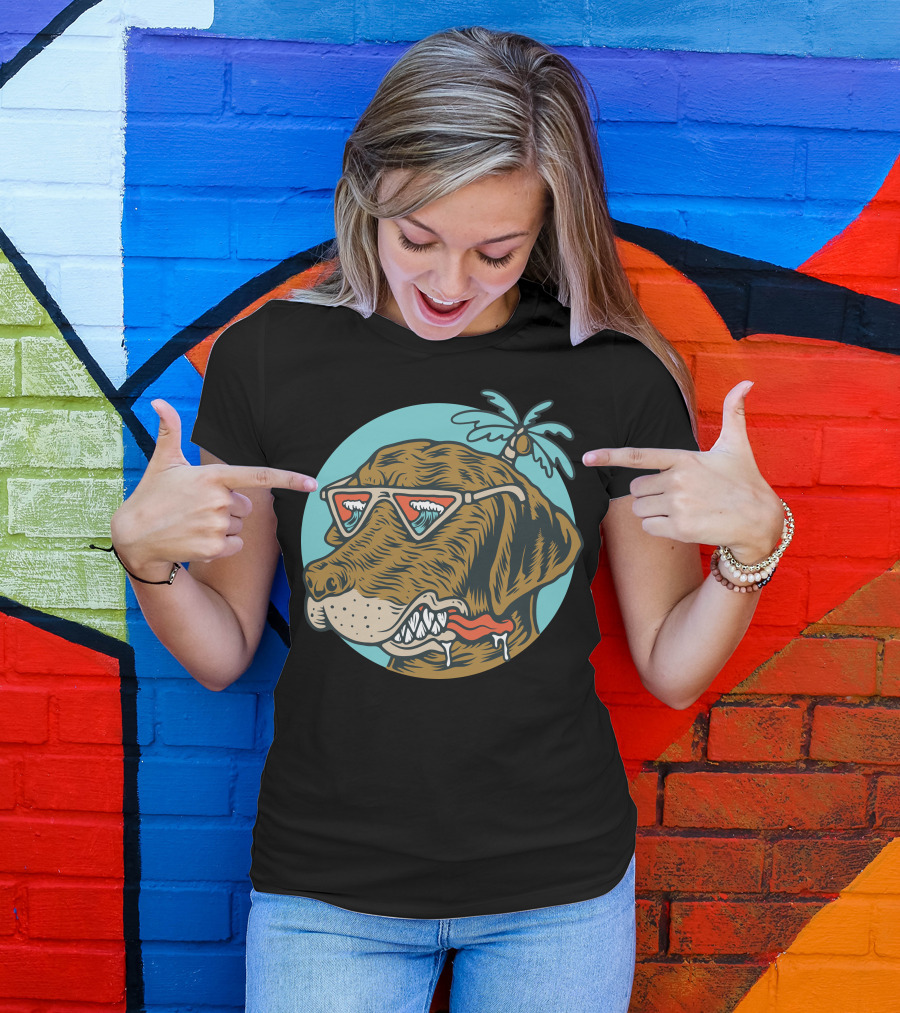 Chill Dog Palm Tree Sunglasses Wave Reflection Vintage T-Shirt