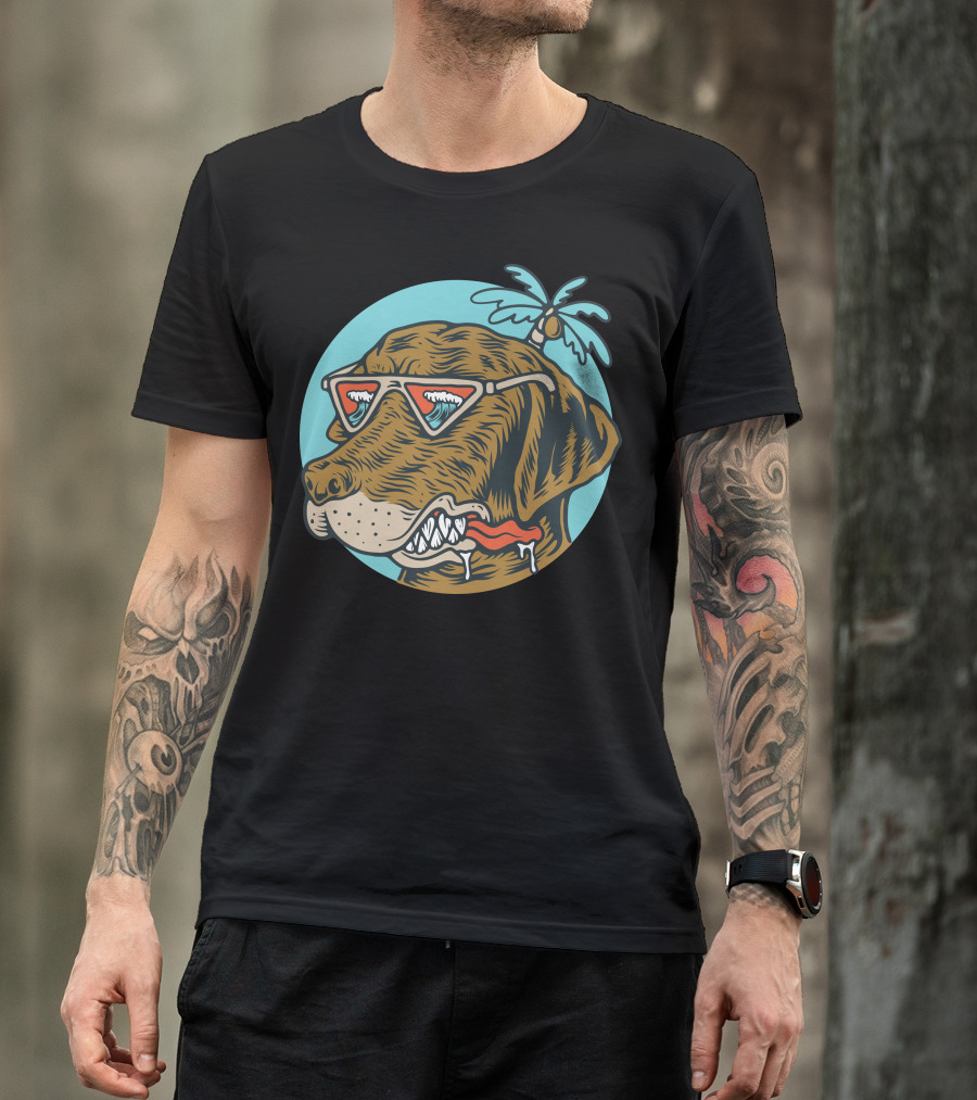Chill Dog Palm Tree Sunglasses Wave Reflection Vintage T-Shirt