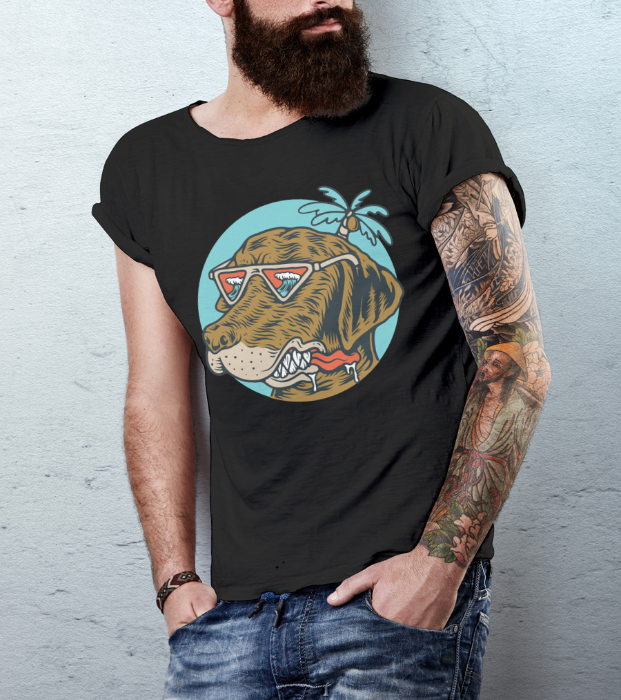 Chill Dog Palm Tree Sunglasses Wave Reflection Vintage T-Shirt