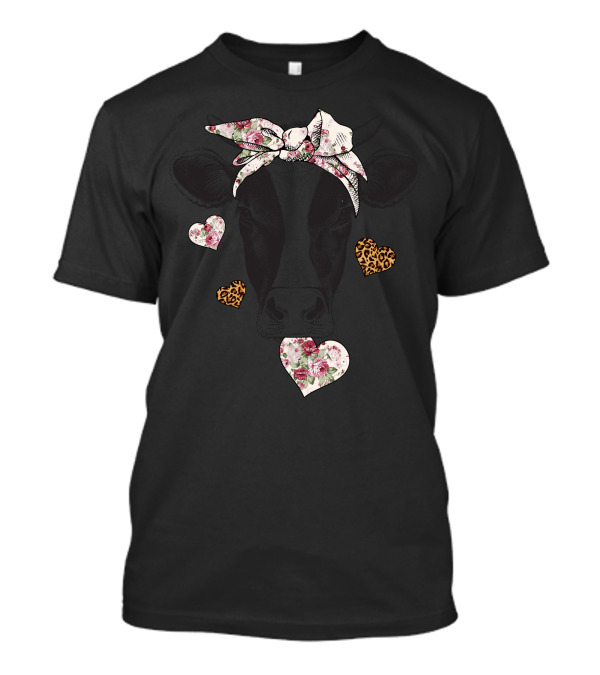 Cow Valentine Floral And Leopard Heart T-Shirt