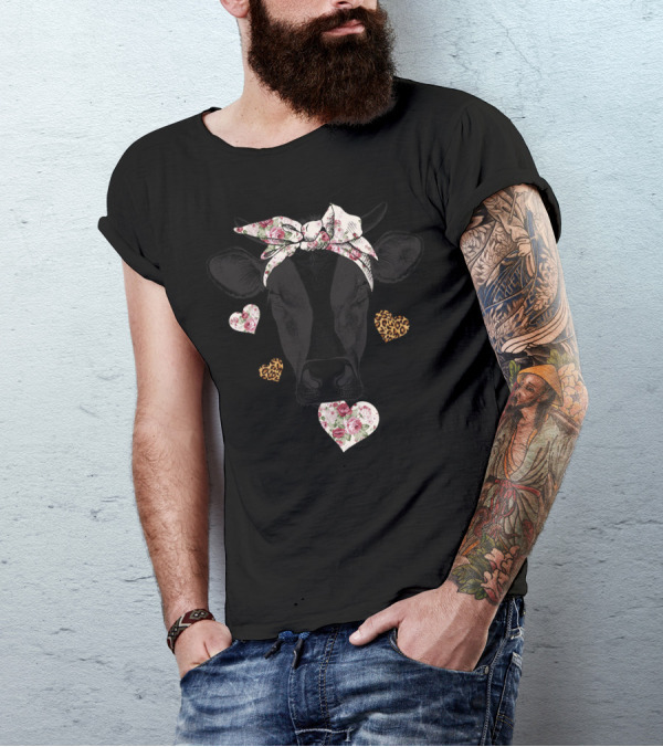 Cow Valentine Floral And Leopard Heart T-Shirt
