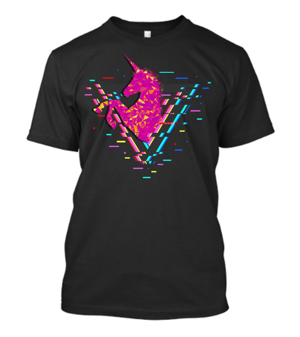 Vibrant Geometric Unicorn With Neon Glitch Effects T-Shirt