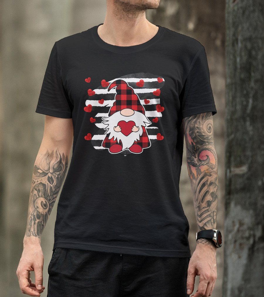 Gnome Heart Holding Love Xoxo Red Plaid Hearts Stripes T-Shirt