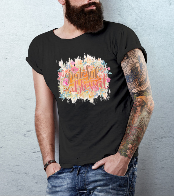 Grateful And Blessed Floral Hearts Motif T-Shirt