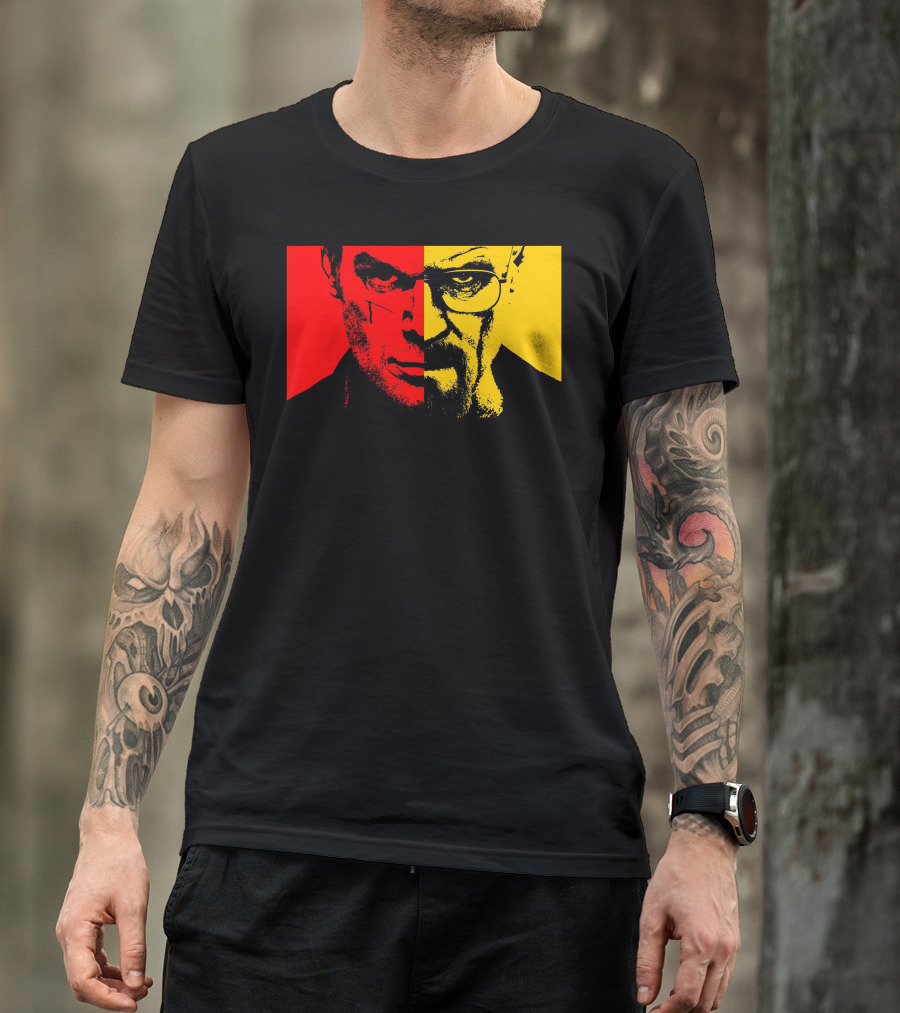 Heisenberg Vs Dexter Two-Face Portrait Red Yellow Split T-Shirt