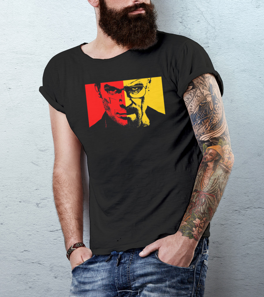 Heisenberg Vs Dexter Two-Face Portrait Red Yellow Split T-Shirt