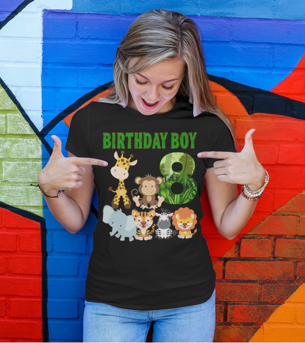 Birthday Boy Eight Jungle Safari Animals Elephant Giraffe Monkey Tiger Lion Zebra T-Shirt